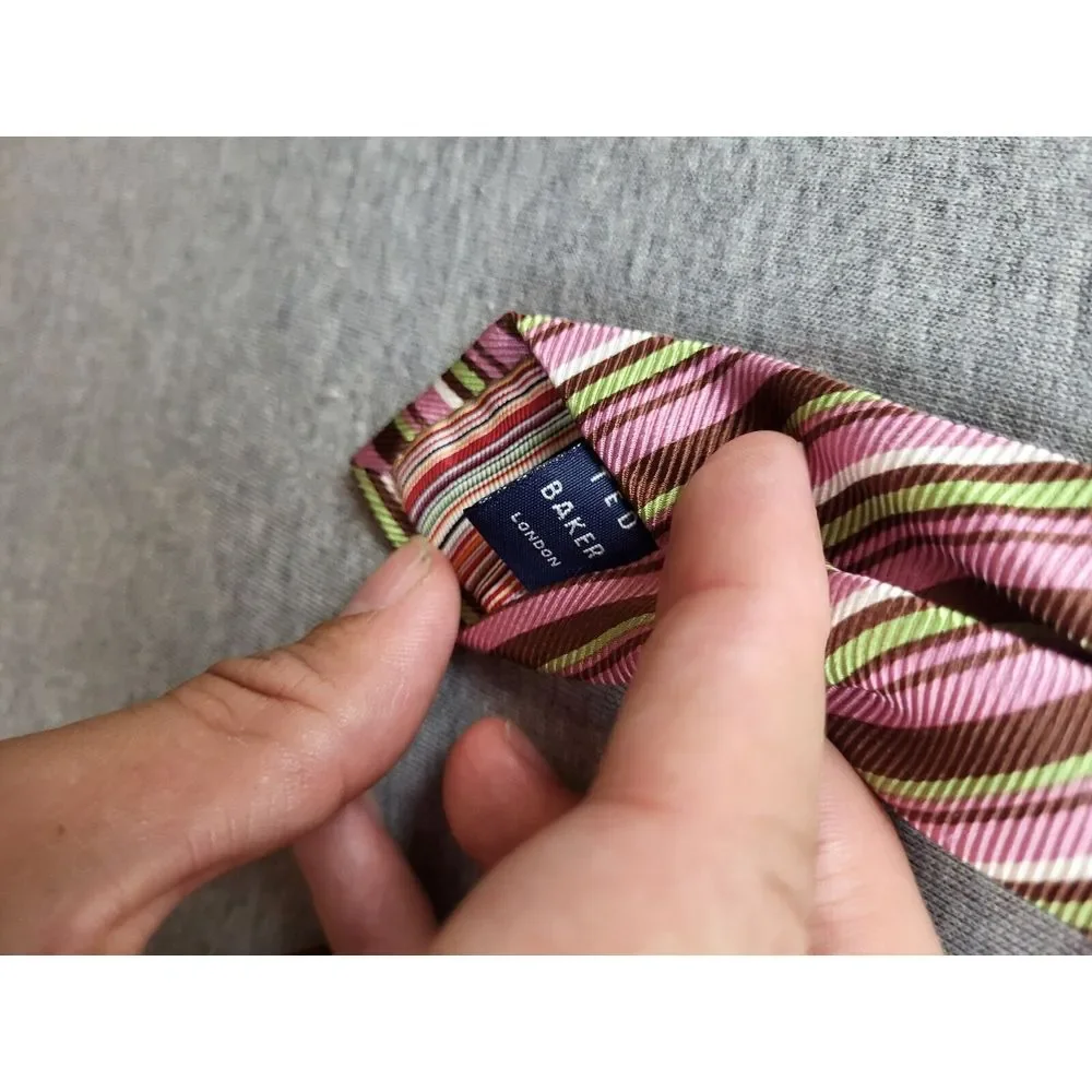 TED BAKER LONDON Pink‎ Lime White Diagonal stripe Silk USA Handmade Necktie Tie